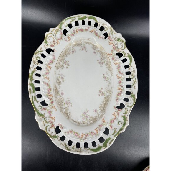 MONTMERY ST CLOUD SERVING PLATTER TRAY DISH RETICULATED FLORAL GOLD GREEN ANTIQ - Picture 3 of 12